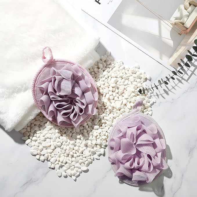 Boao 3 Pcs Bath Shower Pouf Sponge Mesh Pouf Shower Ball Exfoliating Body Sponge Pad Scrubber Glove with Flower Bath Ball (Purple)