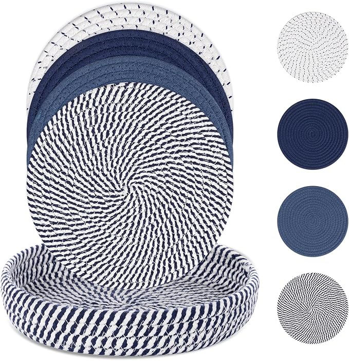 SHACOS 8 Inches Trivets for Hot Dishes, 4 Pieces Cotton Trivets Mats for Kitchen with Storage Basket, Hot Pads for Countertops and Table, Heat-Resistant Pot Holders for Hot Pots and Pans