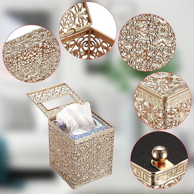 Sumnacon Tissue Box Cover Square Tissue Box with Lid, Metal Tissue Box Holder Stylish Tissue Cover Cube Tissue Box Cover for Bathroom Toilet Kitchen Table Desk Home Office, Gold