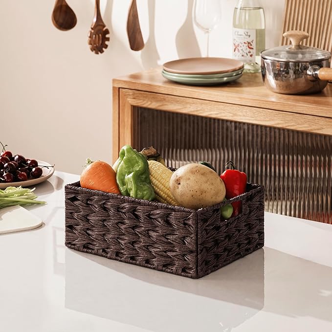 UBBCARE Storage Baskets with Label, Wicker Pantry Baskets for Shelves, Waterproof Woven Basket for Organizing, 2-Pack Plastic Rectangle Organizers with Handles, Dark Brown (10L×8H×4W)