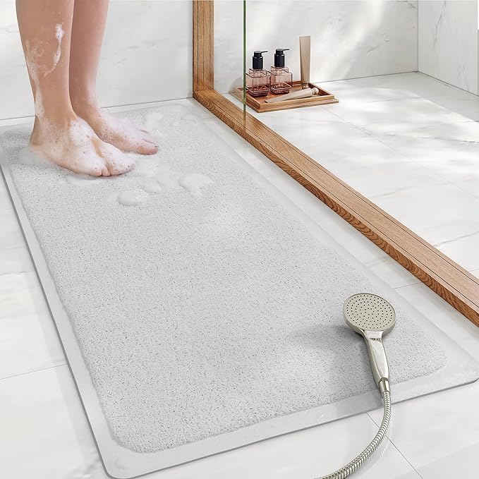 Mecko Non Slip Shower Mats, 16x40 Inch, Anti-Slip Bathtub Mats with Suction Cups for Bathroom, Foot Scrubber Loofah Bath Mats for Shower, Quick Drying Shower Stall Mats for Wet Areas (White)