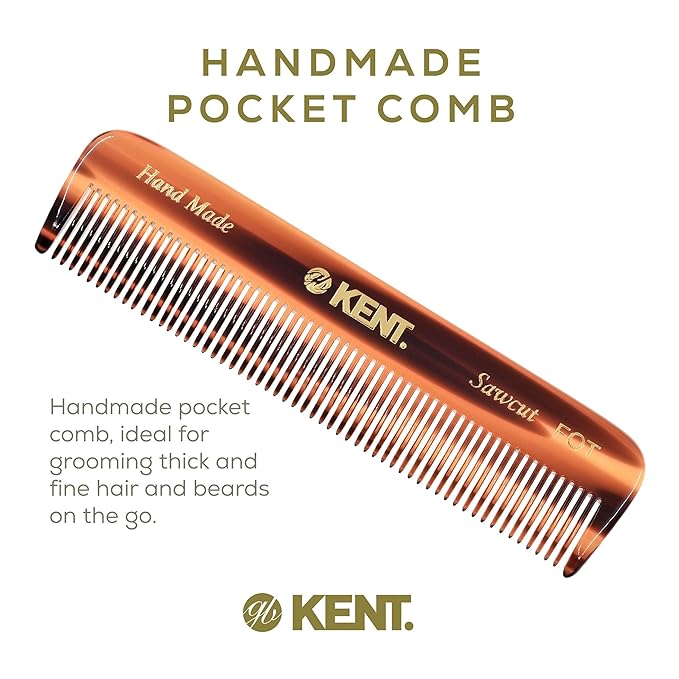 Kent FOT Tortoise Fine Tooth Comb for Men - Handmade Pocket Comb for Travel, Styling, Fine or Thinning Hair, Mustache and Beard Care Handpolished Saw-Cut Made in England
