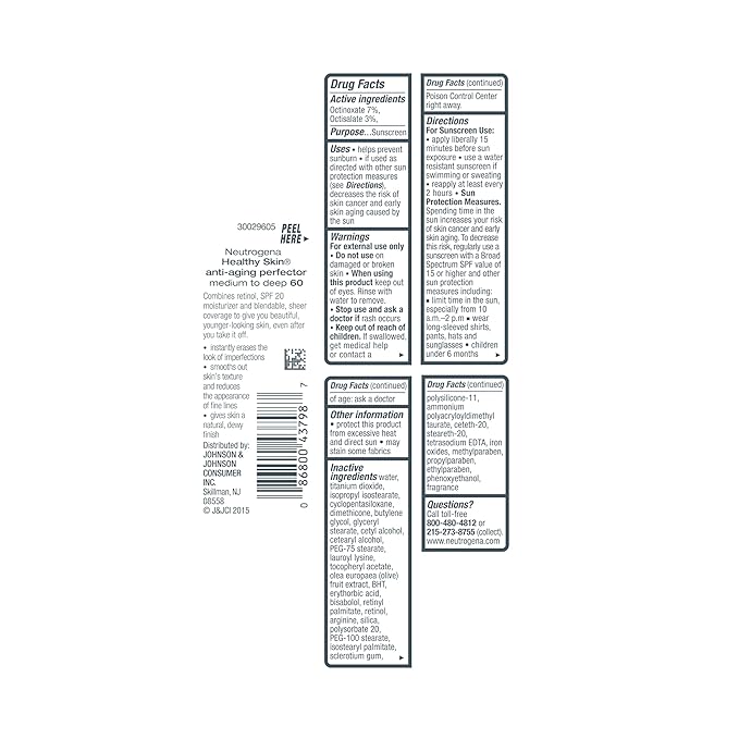 Neutrogena Healthy Skin Anti-Aging Perfector Tinted Facial Moisturizer and Retinol Treatment with Broad Spectrum SPF 20 Sunscreen with Titanium Dioxide, 60 Medium to Deep, 1 fl. oz