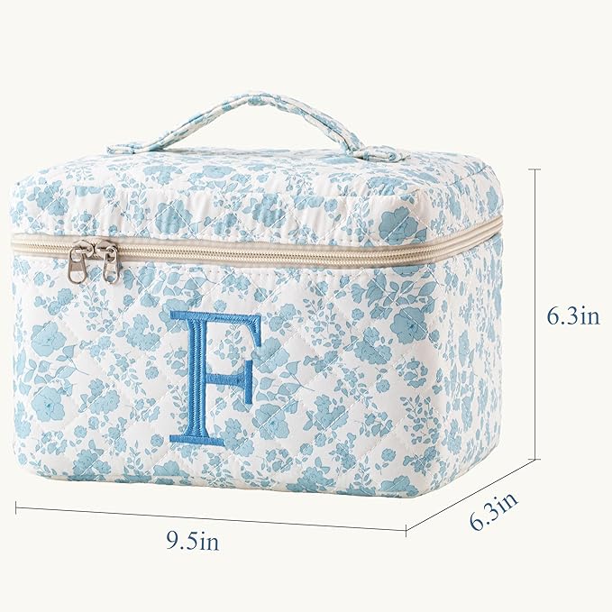 HBselect Initial Quilted Makeup Bag, Cotton Large Travel Makeup Bag, Cute Floral Coquette Make up Bag Cosmetic Bag Toiletry Bag for Women Girls F