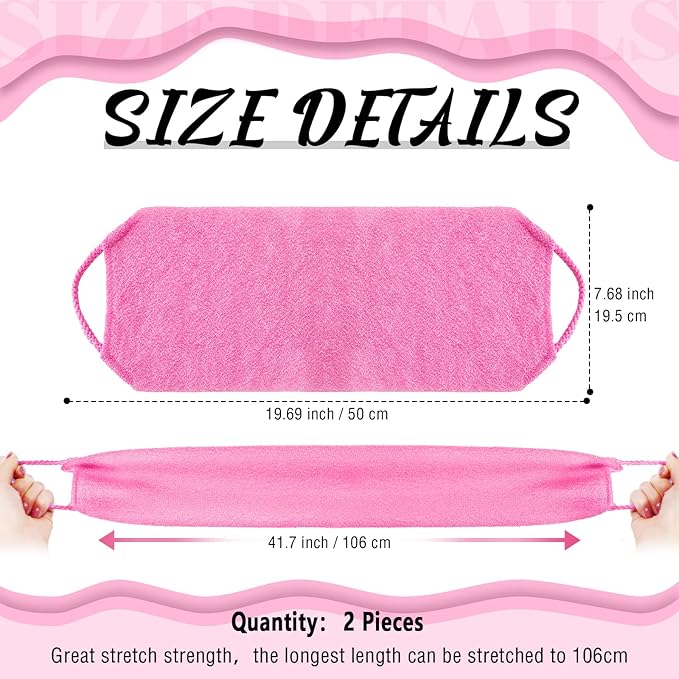 Back Scrubber for Shower Exfoliating Washcloth Back Cloth Body Extended Length Scrubber Towel Nylon Exfoliating Stretchable Pull Strap Wash Cloth for Bath Body Scrub Washcloth 2 Pack (Pink,White)