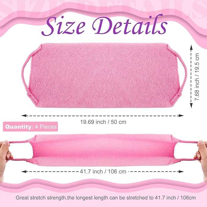 Moukeren Exfoliating Back Scrubber with Handles 4 Pack Nylon Back Exfoliator Extended Length Washers Scrubbers Stretchable Pull Strap Exfoliating Washcloth(Pink, Purple)