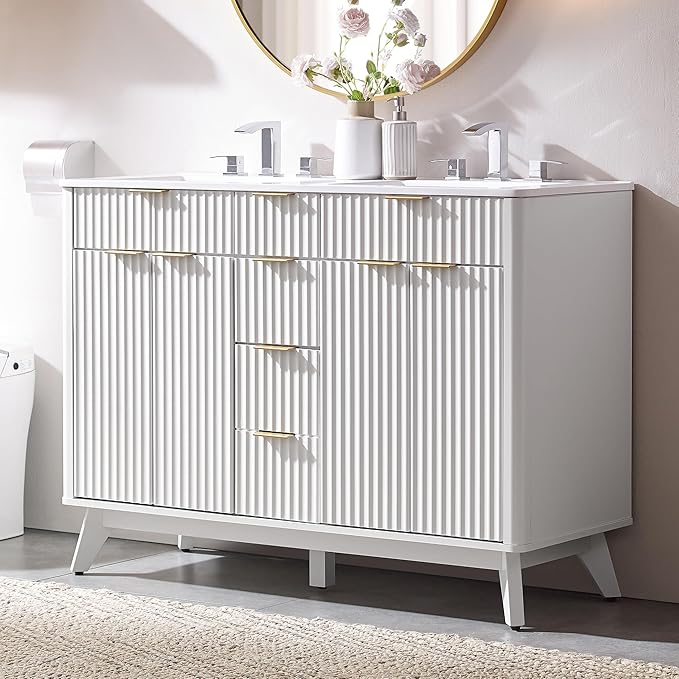T4TREAM 48" Fluted Bathroom Vanity with Resin Sink Combo，Freestanding Modern Bathroom Storage Vanity Cabinet with Soft Closing Doors & 2 Drawers，Wood Grain Texture，Metal Handle，White