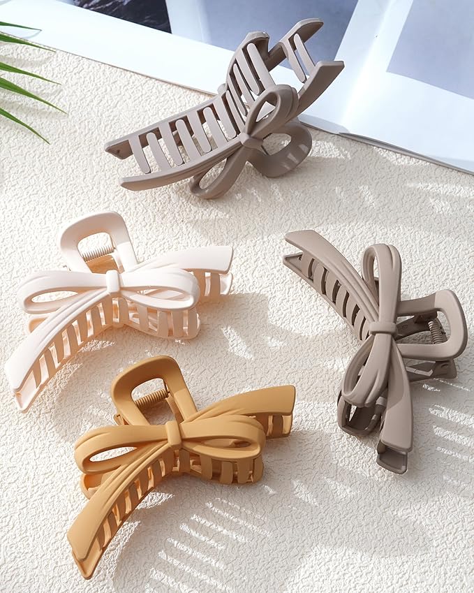 Mesovor 4 Pack Cute Bow Claw Clips, Nonslip 4.92" Large Matte Strong Hold Bows Hair Clips for Thin and Thick Hair | Chic Hairclips for Holidays or Everyday Hairstyle (Beige Matte)