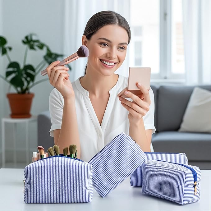 Sanwuta 12 Pcs Seersucker Cosmetic Bags Bulk Seersucker Makeup Bags Stripe Women Pouch Large Preppy Storage Pouch Toiletry Travel Organizer for Wedding Bridesmaid Bride Favor Mom Gift (Blue)