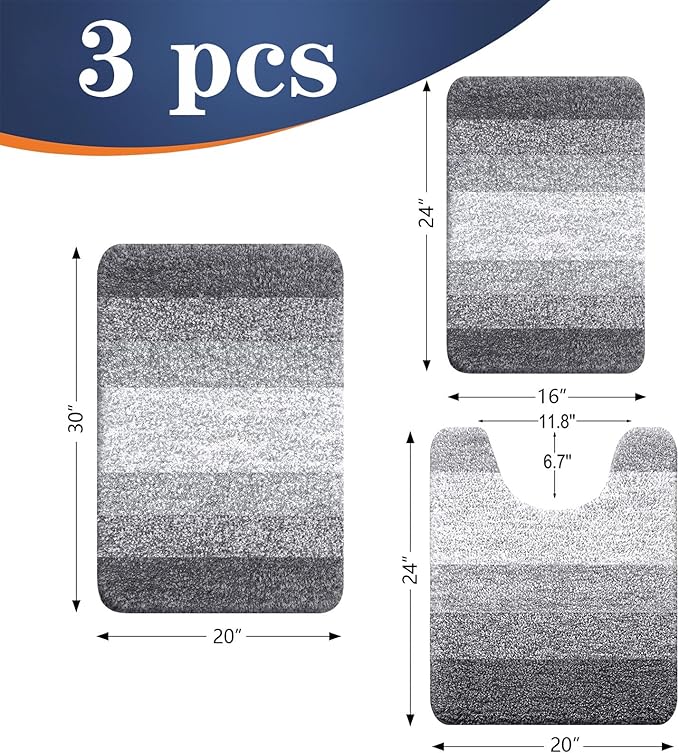 OLANLY Bathroom Rugs Sets 3 Piece, Soft Absorbent Microfiber Bath Mats and U-Shaped Contour Toilet Rug, Machine Wash Dry, Plush Shaggy Bath Mat Set for Bathroom (30"x20"+24"x16"+24"x20", Grey)