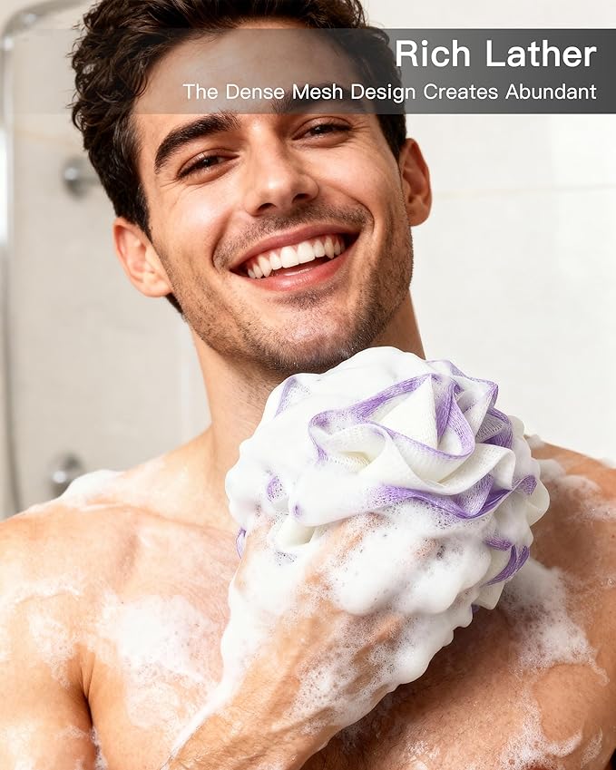 Loofah Sponge 70g, 6.3 Inch Large Exfoliating Bath Sponge, Soft Durable PE Mesh with Reinforced Knotting, Rich Lather Bath Scrubber for Body, for Travel or as a Holiday Gift (4Pack, Green-Beige)