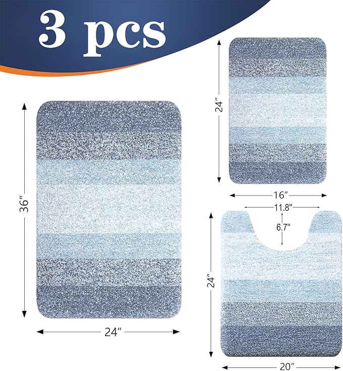 OLANLY Bathroom Rugs Sets 3 Piece, Soft Absorbent Microfiber Bath Mats and U-Shaped Contour Toilet Rug, Plush Shaggy Bath Mat Set for Bathroom (36"x24"+24"x16"+24"x20", Blue)