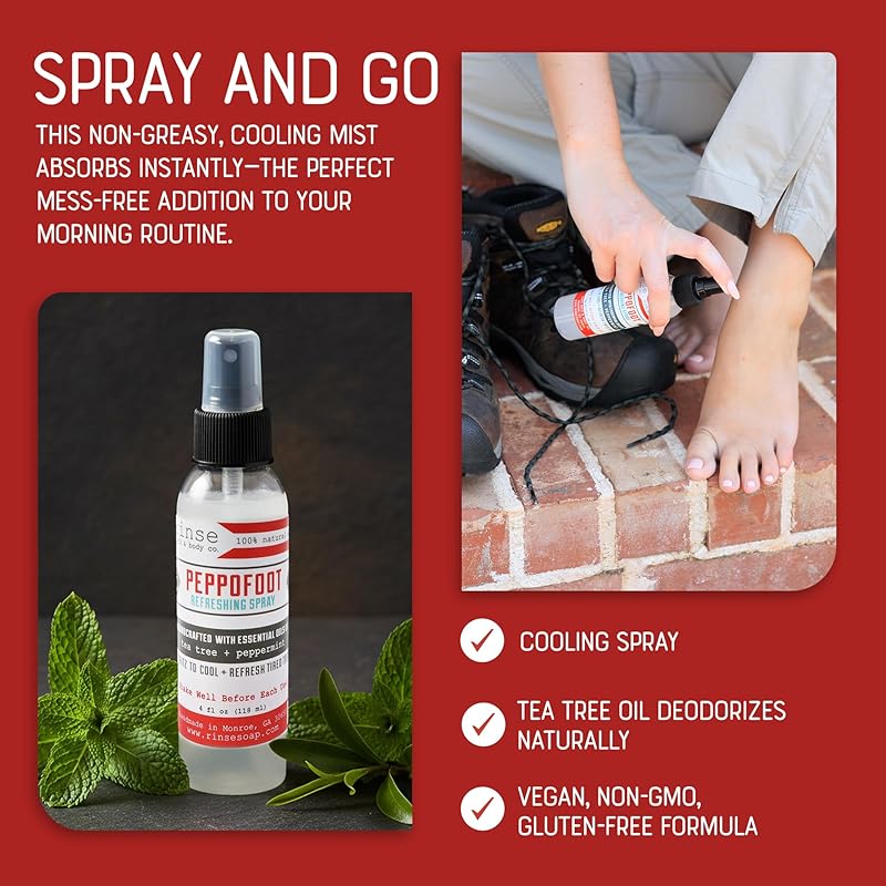 Rinse Bath & Body Peppermint Foot Spray - 4oz Handmade All Natural Cooling Foot Spray with Tea Tree Oil and Essential Oils, Vegan, Non-GMO, Gluten Free, Deodorizing Peppermint