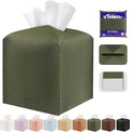 Tissue Box Cover Holder Square Tissue Cube Cover PU Leather Tissue Organizer with Bottom Belt for Bathroom, Tabletop, Car, Night Stands, Office, Home, Kitchen (1, OliveGreen)