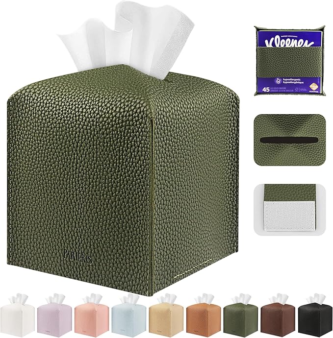 Tissue Box Cover Holder Square Tissue Cube Cover PU Leather Tissue Organizer with Bottom Belt for Bathroom, Tabletop, Car, Night Stands, Office, Home, Kitchen (1, OliveGreen)