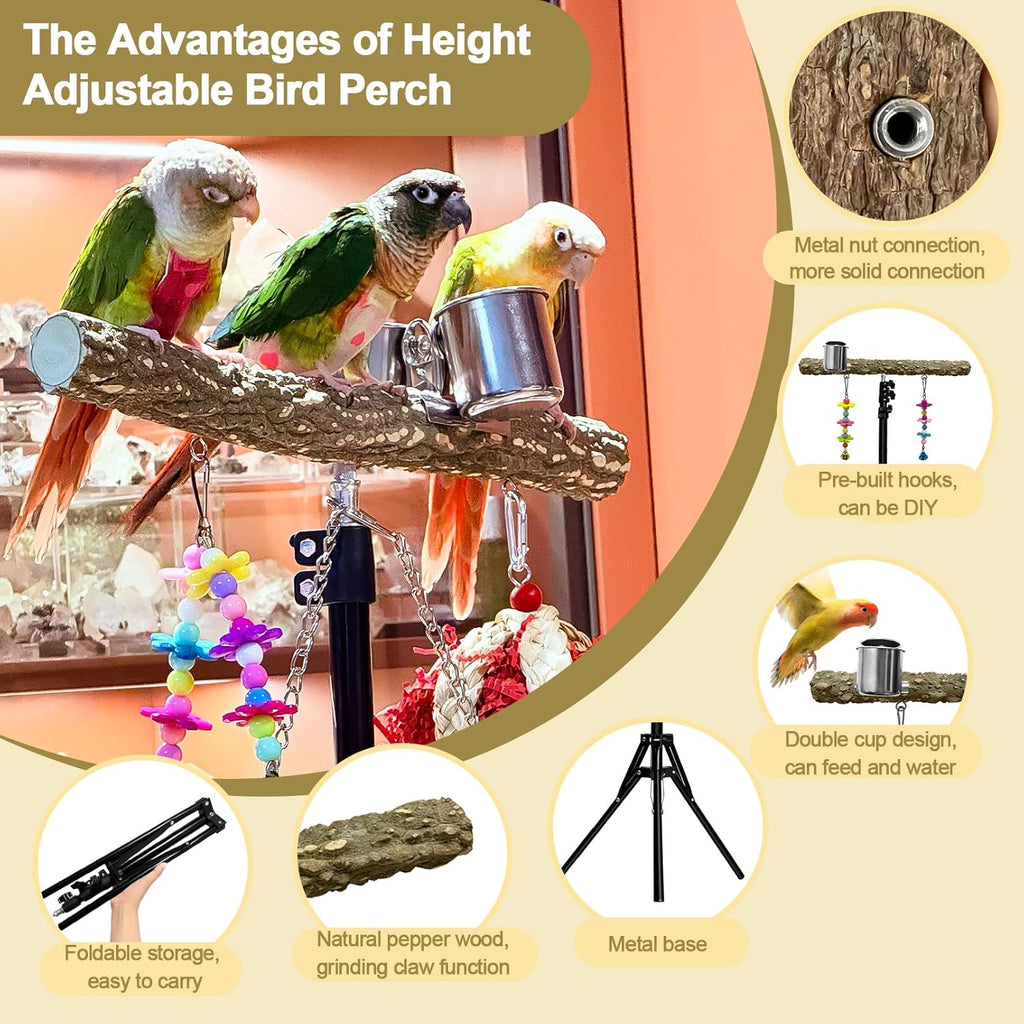 16-63 Inch Height Adjustable Bird Perch Pepper Wood Parrot Training Perch Stand with Feeding Cups and Swing Toy Parakeet Perches Indoor and Outdoor Parrot Stands for Small to Medium Bird