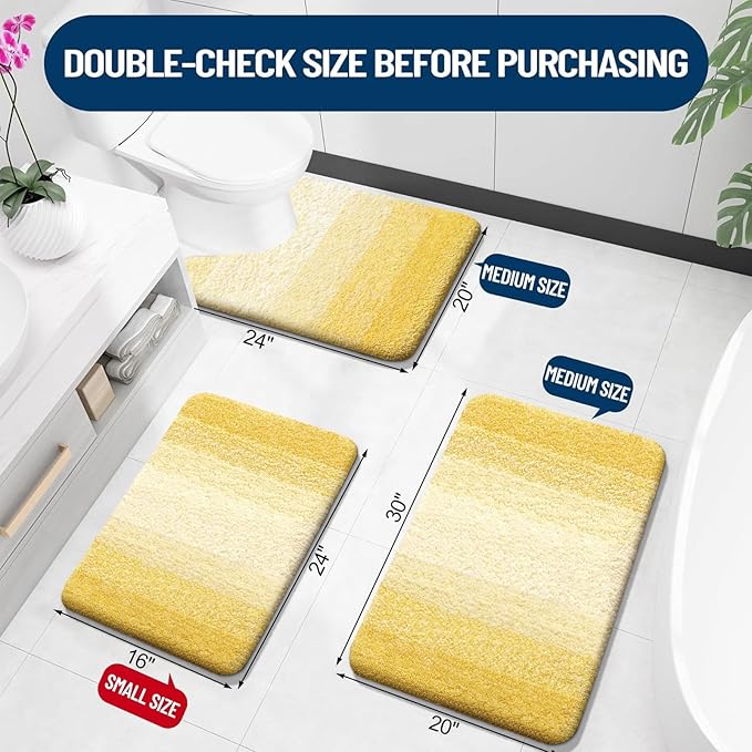 OLANLY Bathroom Rugs Sets 3 Piece, Soft Absorbent Microfiber Bath Mats and U-Shaped Contour Toilet Rug, Plush Shaggy Bath Mat Set for Bathroom (30"x20"+24"x16"+24"x20", Yellow)