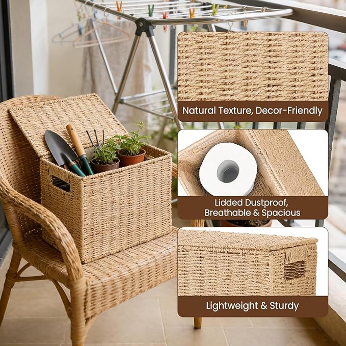 14 Inch Toilet Paper Storage Basket with Lid, 6-Roll Bathroom Organizer, Woven Paper Rope Basket for Narrow Spaces, Multi-Purpose Holder for Towels, Utensils, Picnic & Home Decor