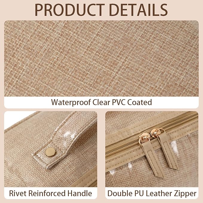 DYSHAYEN Stripe Travel Makeup Bag with Compartments Clear Coated Cosmetic Bag for Women, Waterproof Portable Open Flat Toiletry bag （Linen）