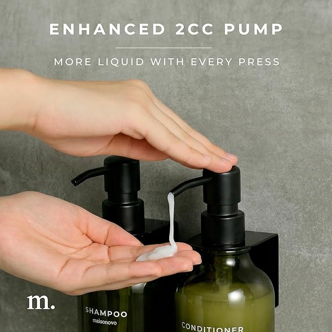 MaisoNovo Refillable Shampoo and Conditioner Bottles - 16.9 fl oz Set of 3 Green Plastic Bottles Black Plastic Pumps