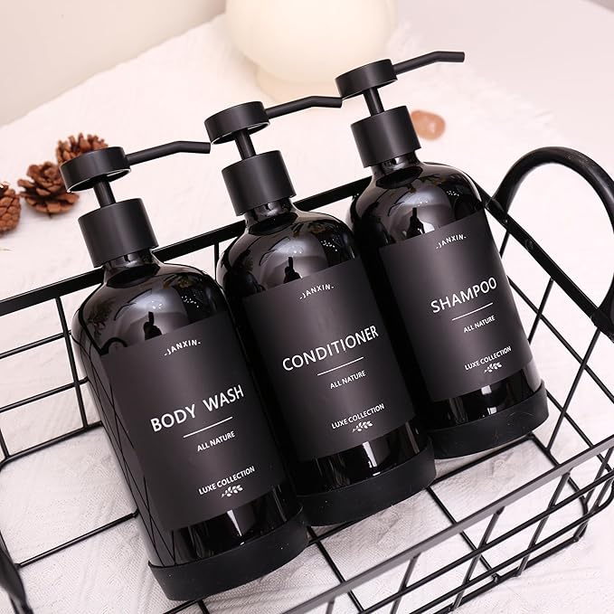 Shampoo and Conditioner Dispenser Set of 3,Refillable 21oz Shampoo Bottles with Non-Slip Protective Silicone Pad,Shower Soap Dispenser with Waterproof Labels for Bathroom (Black)