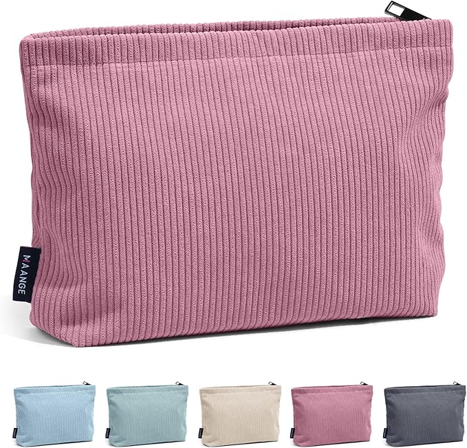 MAANGE Cosmetic Bags for Women Small Makeup Bag for Purse Corduroy Makeup Pouch Travel Makeup Bag with Metal Zipper Make Up Bag for Travelling(PINK)