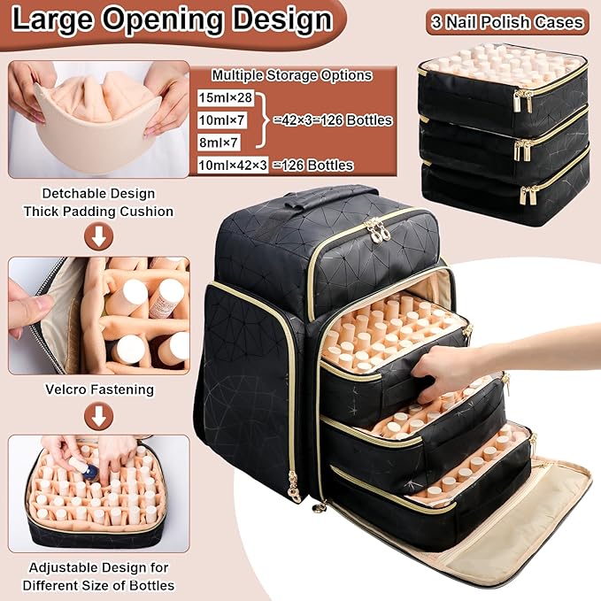 Nail Polish Organizer Backpack Holds 126 Bottles& Nail Lamp, Extra Large Nail Kit Supplies Organizer Bag with 3 Removable Cases, Portable Nail Organizers and Storage for Trave (Elegant Black)