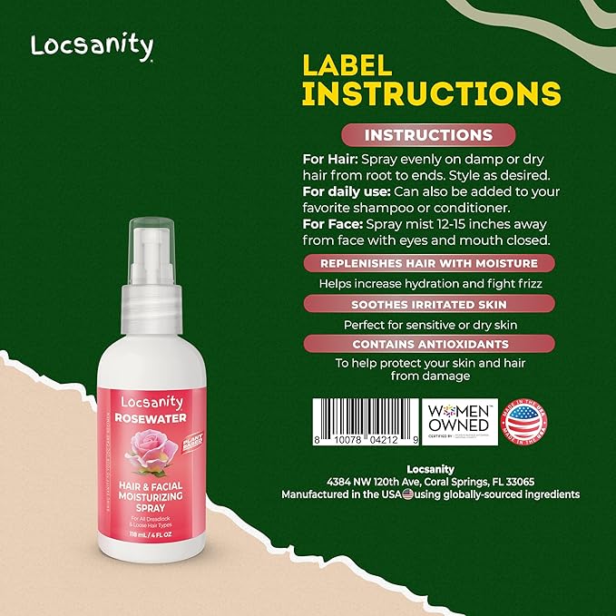 Locsanity Pure Rosewater Hair and Facial Spray – Trial Size Hydrating Face Mist to Soothe, Refresh, and Rejuvenate Skin, Reduce Oil and Buildup (4oz)