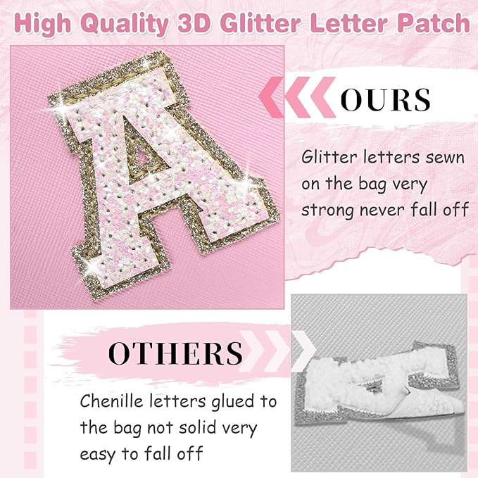 Small Personalized Initial A-Z Patch Makeup Bag,Pink Cute PU Leather Glitter Letter Cosmetic Bag for Teen Girls,Travel Toiletry Bag with Zipper,Preppy Monogrammed Birthday Gift for Daughter Niece B