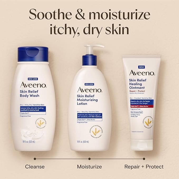 Aveeno Skin Relief Moisturizing Lotion Heals Very Dry, Sensitive Skin, Fast-Absorbing Body Lotion with Soothing Triple Oat & Shea Butter Formula, Fragrance Free, Non-Comedogenic, 8 oz