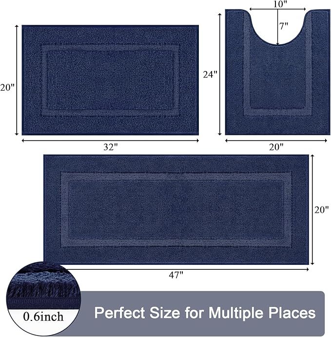SHACOS Soft Fluffy Bathroom Rugs Set of 3 with Runner Rug U Shape Toilet Rugs Bath Mats Non Slip Washable Bath Rugs Absorbent Bathroom Carpet for Shower Tub, Navy Blue