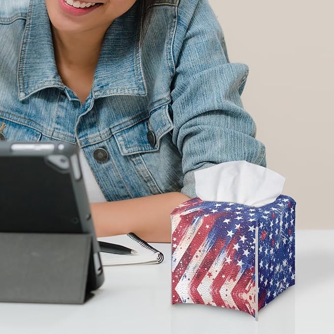 American Flag Tissue Box Cover, PU Leather Square Tissue Holder with Secure Metal Button, Waterproof and Stylish Napkin Dispenser for Home, Office, Car, and Bathroom Decor