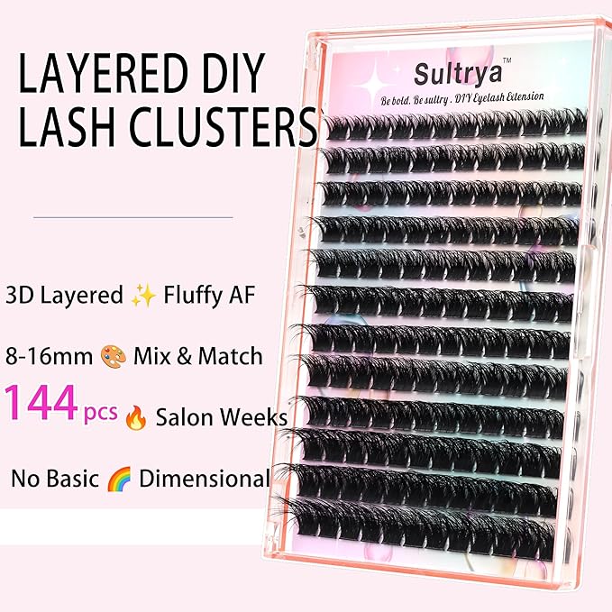 Lash Clusters DIY Eyelash Extensions Volume Lashes Fluffy Individual Lashes 3D Multi-Layered Wispy False Eyelashes Faux Mink Self-Application at home with Natural Look (8-16mm, D01-MULTI)