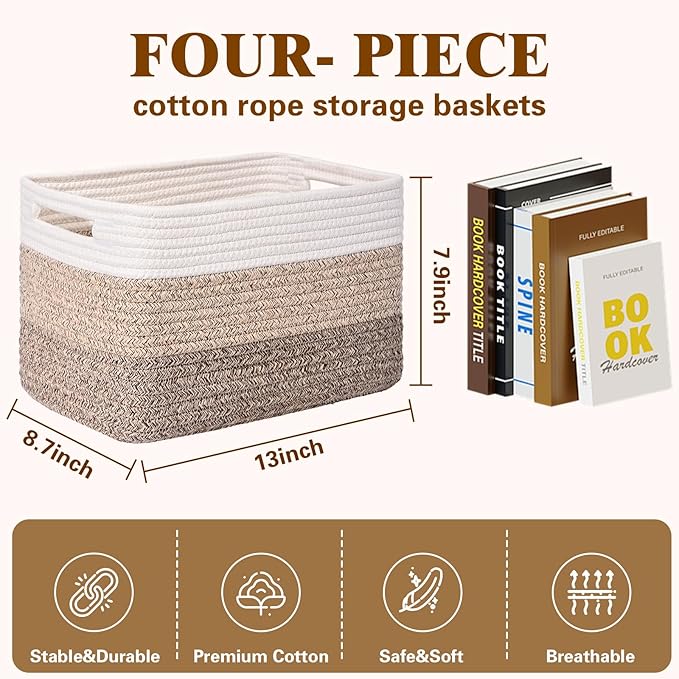 Storage Baskets for Organizing, 4 Pack Baskets for Shelves, Decorative Storage Bins for Shelves, Cotton Rope Storage Basket with Handles, Woven Basket for Storage, 13''Lx8.7''Wx7.9''H, Gradient Brown