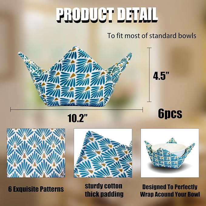 Cotton Microwavable Bowl Cozy ，Set of 6，Microwave-Safe Hot Bowl Holders, Soup Bowl Cozy Hot Pads，Prevent Hand from Heat and Maintain Food Warm，Ideal Household Gift Store (E)