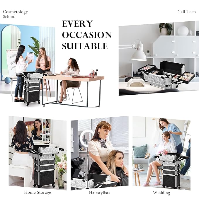 Stagiant Rolling Makeup Train Case Cosmetology Case on Wheels 4 in 1 Large Cosmetic Case with Wheels Makeup Travel Case with Keys Nail Kits Organizer Artist Salon Storage Traveling Cart Trunk Tricolor