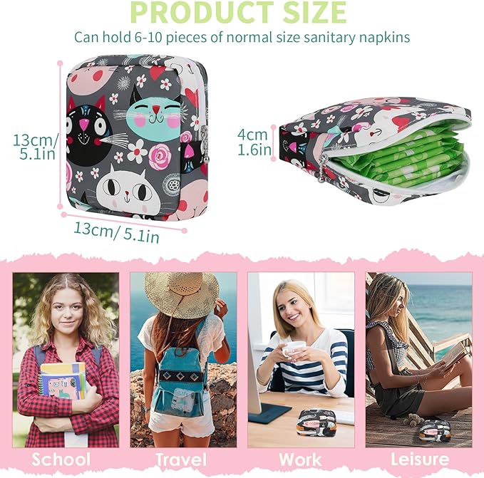 Desing Wish Sanitary Pad Storage Bag Portable Period Bag for Teen Pads/Sanitary Napkins/Small Tampons, Sanitary Napkin Storage Bag First Period Gifts for Teen Girls (Grey Cats)
