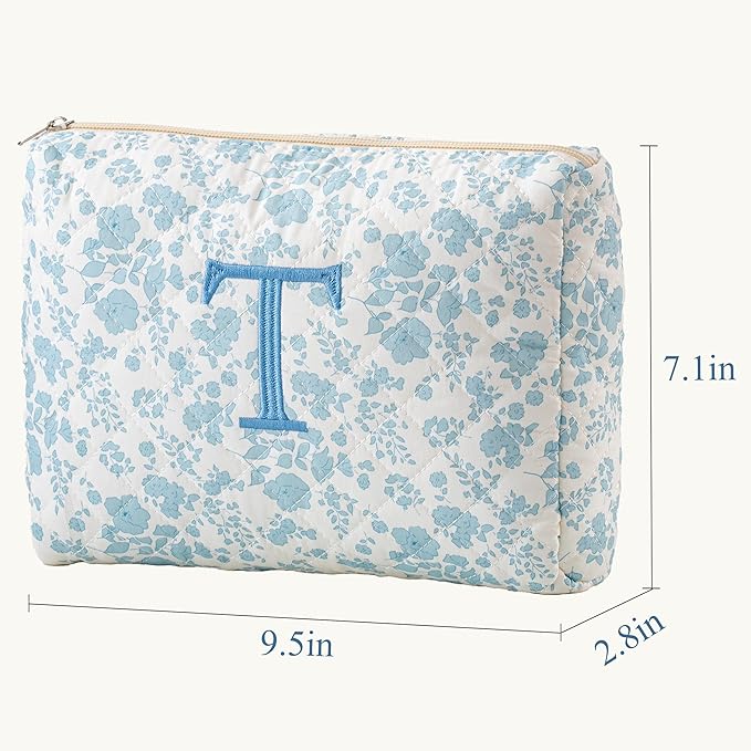 HBselect Initial Quilted Makeup Bag, Cotton Large Travel Makeup Bag, Cute Floral Coquette Make up Bag Cosmetic Bag Toiletry Bag for Women Girls T