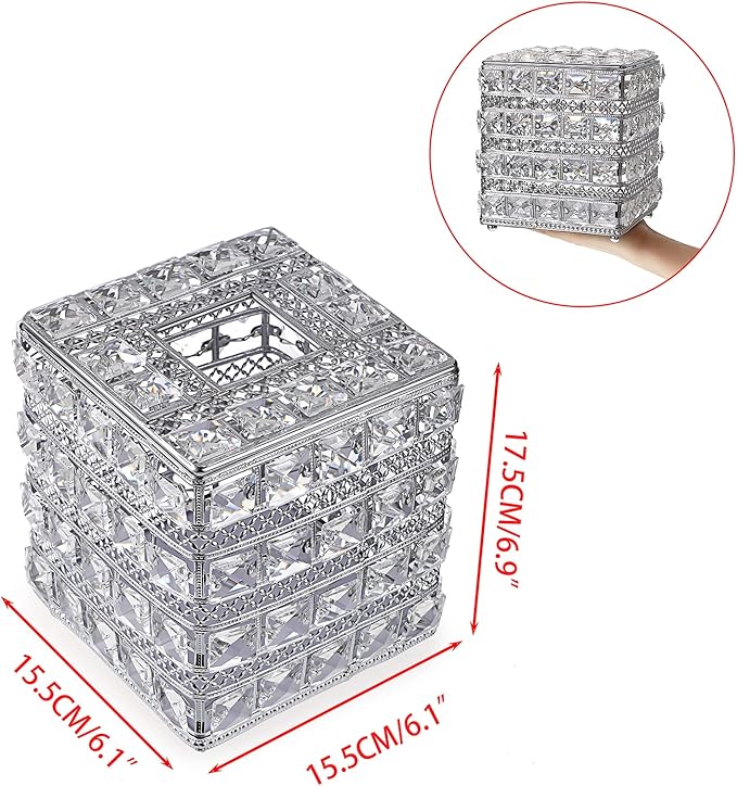 Sumnacon Crystal Square Tissue Box Cover - Sparkling Cube Glass Tissue Box Holder, Decorative Facial Tissue Holder for Bedroom Bathroom Dresser Night Stand Table Countertop Home Decor, Silver