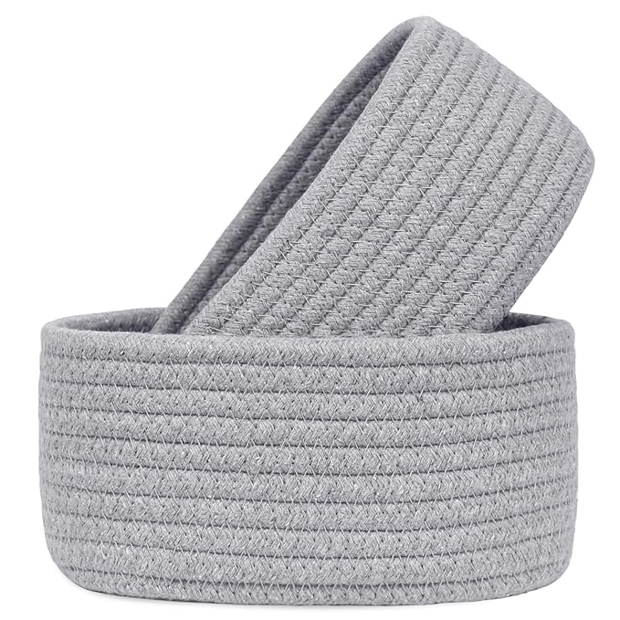 【2 Pack】ABenkle Small Woven Baskets, Tiny Oval Shallow Storage Baskets, Mini Cotton Rope Empty Decorative Basket, Boho Little Organizer Bins for Bathroom, Cat Dog Toy Gifts Baskets