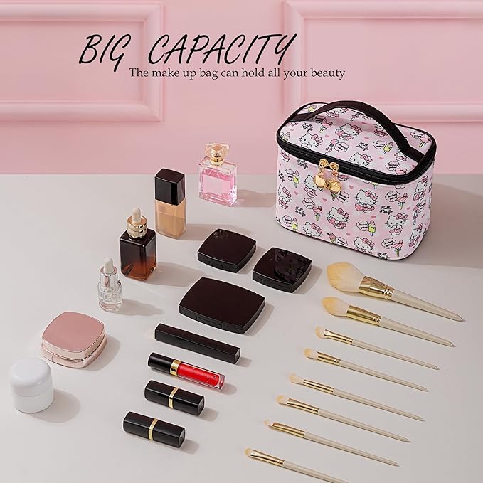 AmBealla Cosmetic Bag Large Makeup Bag Pink Makeup Travel Case with Brush Holder,Canvas Organizer for Women,Toiletry Bag for Skincar &Beauty Tools Sweet Cute for Girls