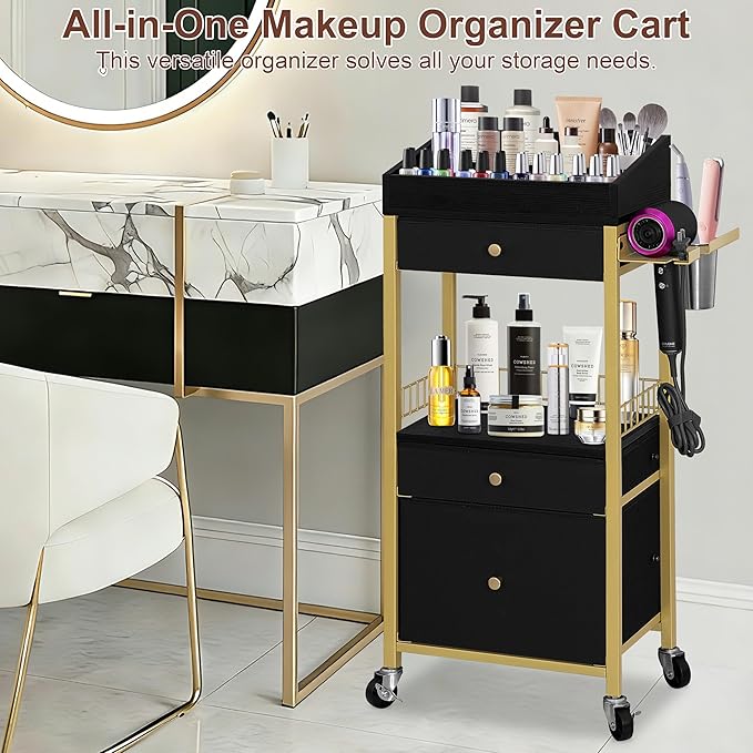 Large Makeup Cart with Detachable Hair Tool Organizer, Floor Makeup Organizer with 3 Drawers and Wheels, Cosmetic Display Cases Holder for Skin Care Perfume Nail Polish,Modern Gold & Black