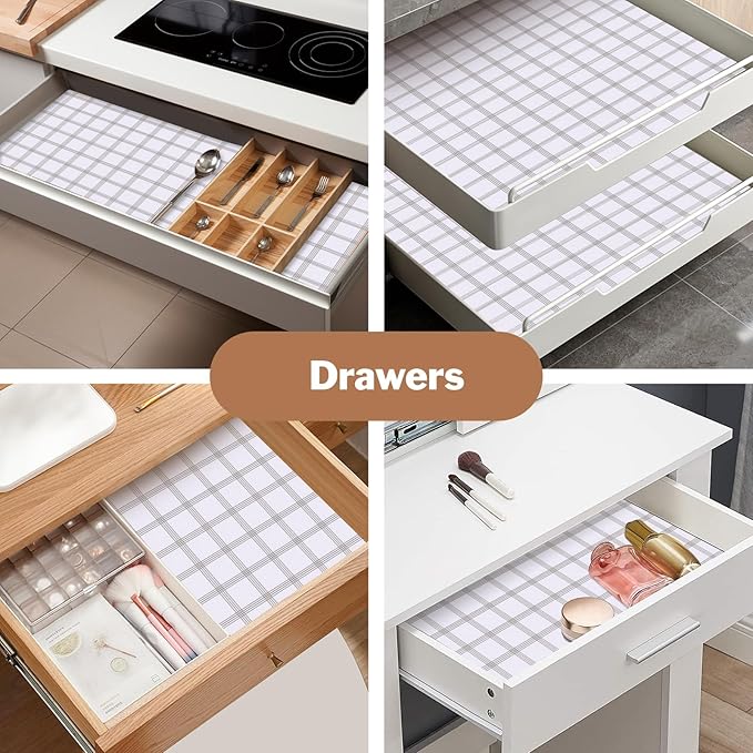 Shelf Liners for Kitchen Cabinets 12in x 30FT, Non Adhesive Drawer Liner White Square Thickened Shelf Liner Non-Slip Easy to Clean for Tool Box Refrigerator with Knife and Tape Measure