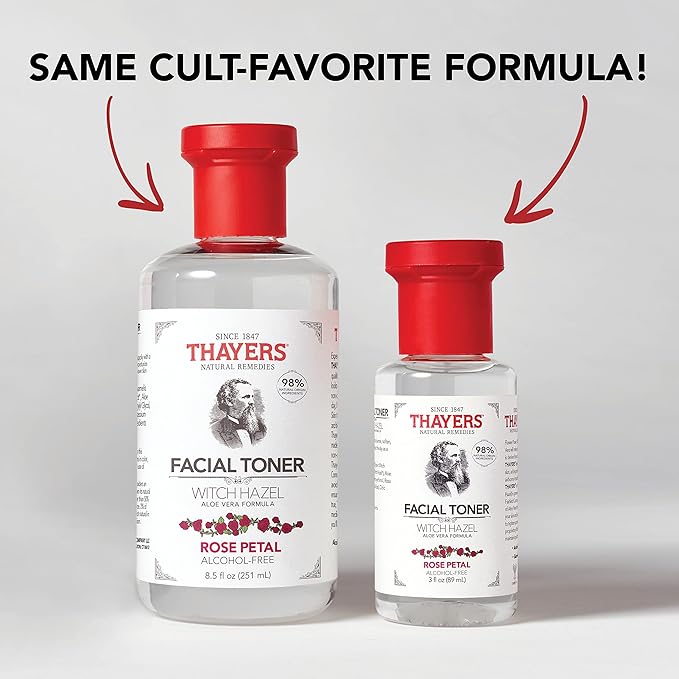 THAYERS AlcoholFree Witch Hazel Facial Toner with Aloe Vera Formula, Clear, Rose Petal, 3 Fl Oz (Pack of 2)