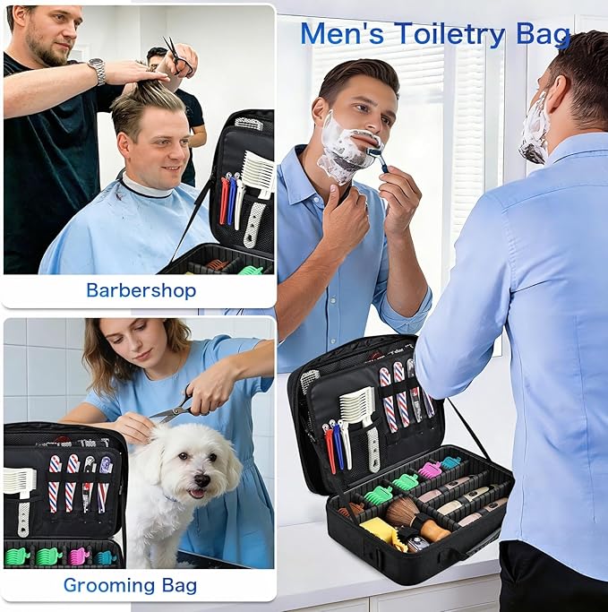 Professional Barber Clipper Case Organizer Bag with Adjustable Dividers, Detachable 6-Slot Scissors Panel, Travel Grooming Tool Storage - Fits Wahl/Andis/Hatteker
