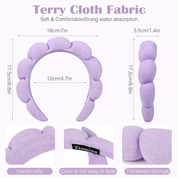 Spa Headbands, Set of 2, Terry Cloth Headband for Washing Face or Facial, Puffy Makeup Headbands for Face Washing, Mask, Beige + Purple (1 Beige & 1 Purple Combo Pack)