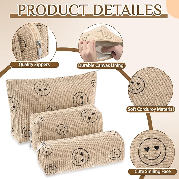 3 Pcs Makeup Bag Set for Women Corduroy Cosmetic Pouch Aesthetic Smile Travel Toiletry Bag Cute Purse Pouch Pencil Case Makeup Brushes Storage Organizer with Zipper(Khaki,Smile Face)