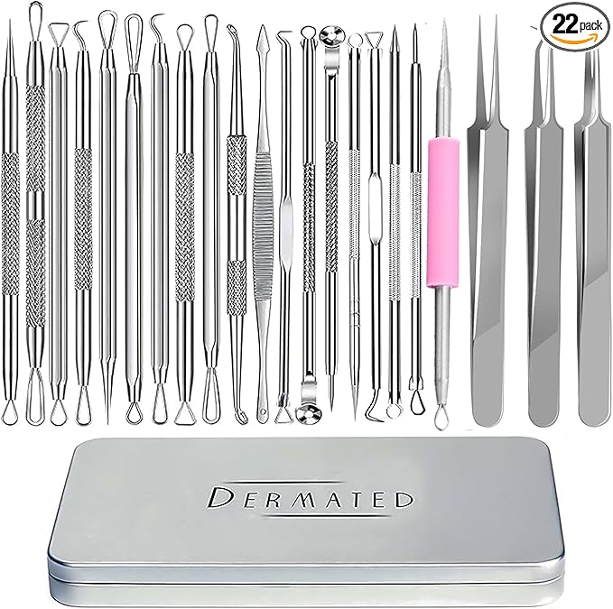 22 Pcs Pimple Popper Tool Kit 410 Stainless Steel Blackhead Remover Tools, Pimple Extractor Tool Kit for Blackheads, Blemish, Comdone, Acne, Zit, and Whiteheads for Face & Nose
