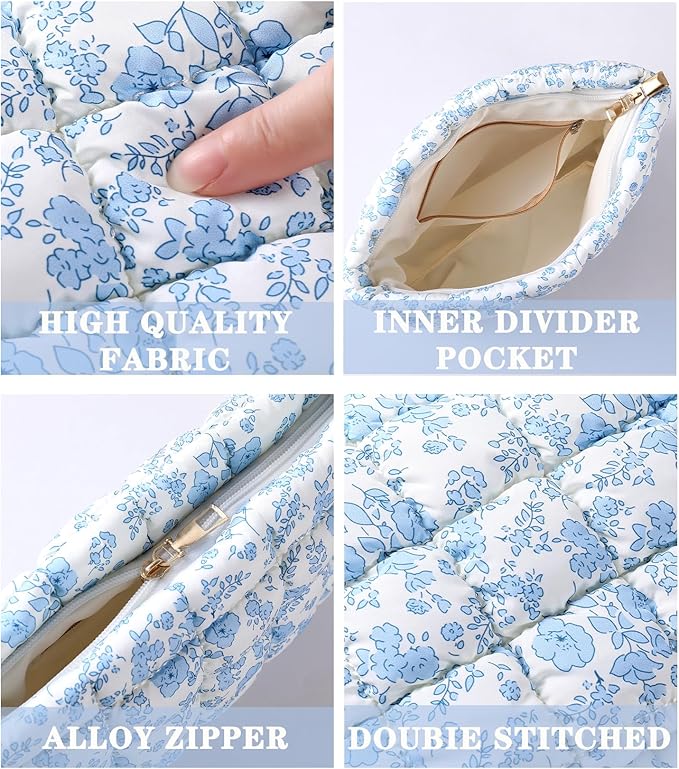 Puffy Quilted Makeup Bag, Cosmetic Bag, Travel Toiletry Organizer Pouch, Clutch for Women (Blue Floral)