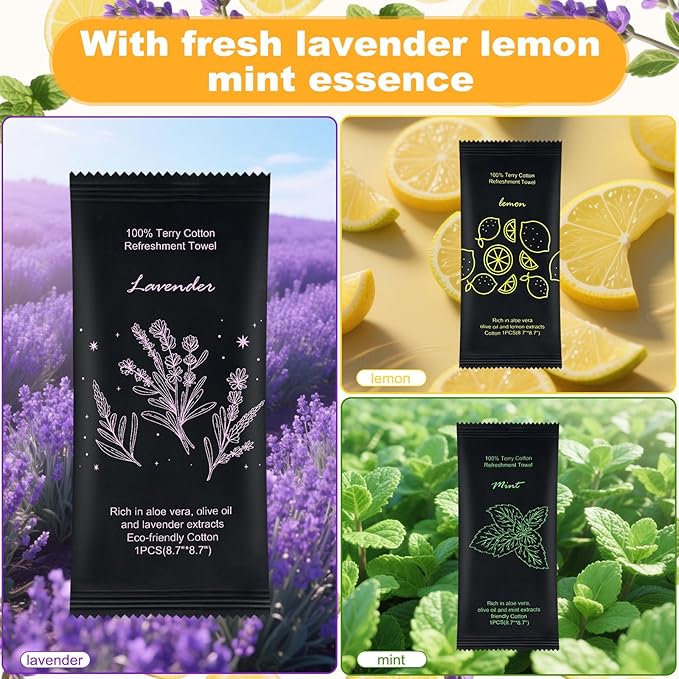 Moist Cotton Towel Bulk Moist Towelettes Individually Wrapped 8.7" x 8.7",White Towel Services,Refreshment Pre Moistened Towels Lavender, Lemon and Mint for Sport Party Spa （pack of 60)